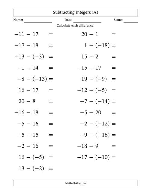 The Subtracting Mixed Integers from -20 to 20 (25 Questions; Large Print) (A) Math Worksheet