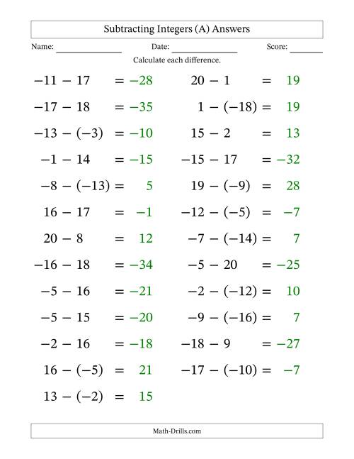 The Subtracting Mixed Integers from -20 to 20 (25 Questions; Large Print) (A) Math Worksheet Page 2