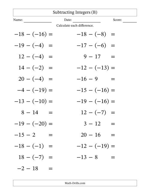The Subtracting Mixed Integers from -20 to 20 (25 Questions; Large Print) (B) Math Worksheet