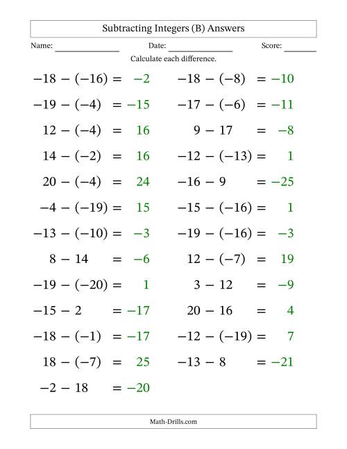 The Subtracting Mixed Integers from -20 to 20 (25 Questions; Large Print) (B) Math Worksheet Page 2