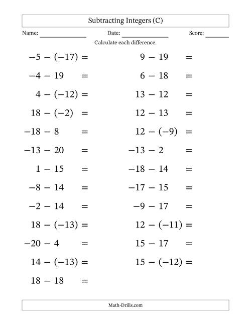The Subtracting Mixed Integers from -20 to 20 (25 Questions; Large Print) (C) Math Worksheet