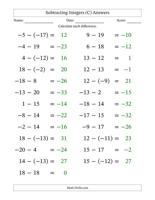 The Subtracting Mixed Integers from -20 to 20 (25 Questions; Large Print) (C) Math Worksheet Page 2