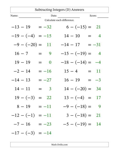 The Subtracting Mixed Integers from -20 to 20 (25 Questions; Large Print) (D) Math Worksheet Page 2