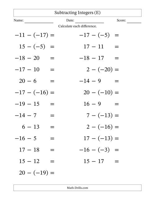 The Subtracting Mixed Integers from -20 to 20 (25 Questions; Large Print) (E) Math Worksheet