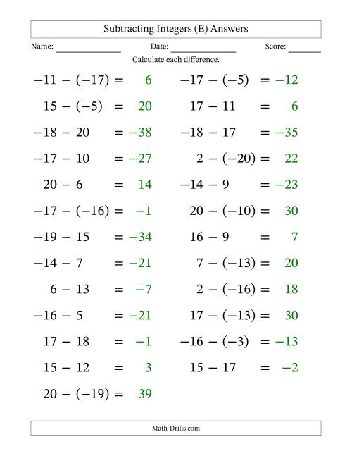 The Subtracting Mixed Integers from -20 to 20 (25 Questions; Large Print) (E) Math Worksheet Page 2