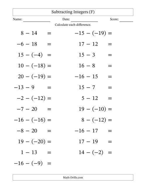 The Subtracting Mixed Integers from -20 to 20 (25 Questions; Large Print) (F) Math Worksheet