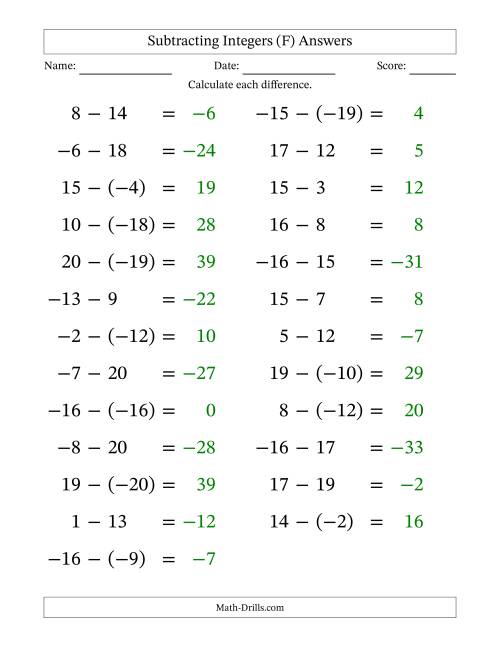 The Subtracting Mixed Integers from -20 to 20 (25 Questions; Large Print) (F) Math Worksheet Page 2