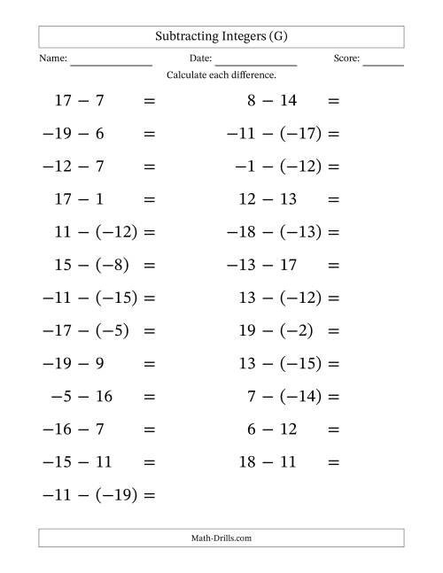 The Subtracting Mixed Integers from -20 to 20 (25 Questions; Large Print) (G) Math Worksheet