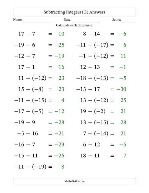 The Subtracting Mixed Integers from -20 to 20 (25 Questions; Large Print) (G) Math Worksheet Page 2