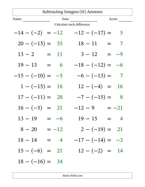 The Subtracting Mixed Integers from -20 to 20 (25 Questions; Large Print) (H) Math Worksheet Page 2