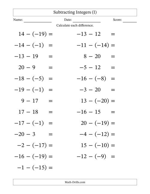 The Subtracting Mixed Integers from -20 to 20 (25 Questions; Large Print) (I) Math Worksheet