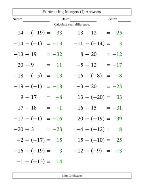The Subtracting Mixed Integers from -20 to 20 (25 Questions; Large Print) (I) Math Worksheet Page 2