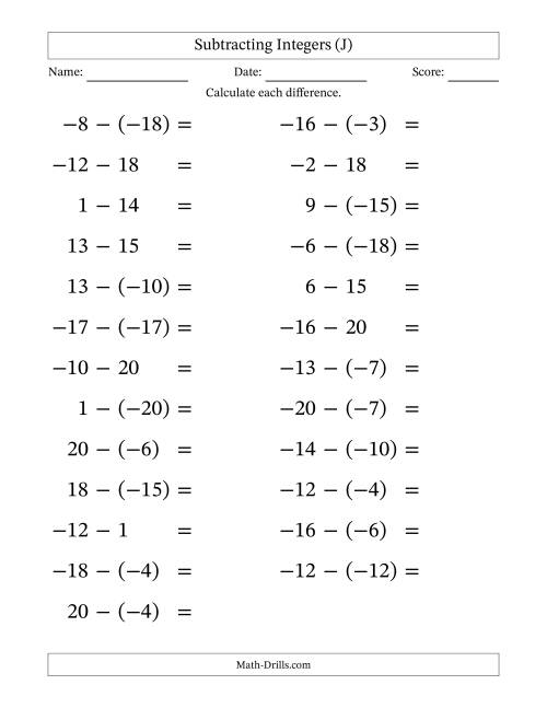 The Subtracting Mixed Integers from -20 to 20 (25 Questions; Large Print) (J) Math Worksheet