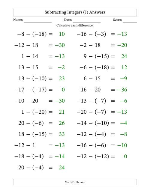 The Subtracting Mixed Integers from -20 to 20 (25 Questions; Large Print) (J) Math Worksheet Page 2