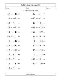Subtracting Mixed Integers from -20 to 20 (25 Questions; Large Print; No Parentheses)