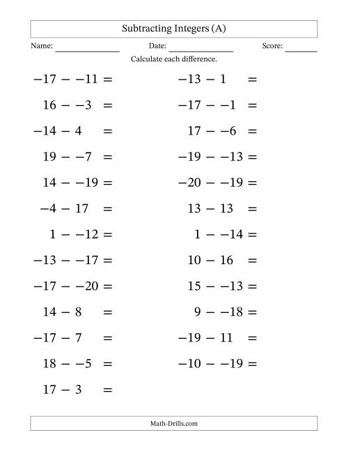 The Subtracting Mixed Integers from -20 to 20 (25 Questions; Large Print; No Parentheses) (A) Math Worksheet