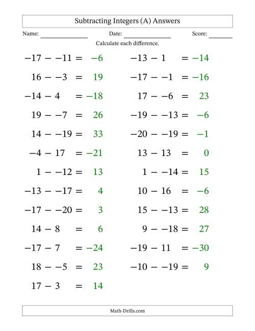 The Subtracting Mixed Integers from -20 to 20 (25 Questions; Large Print; No Parentheses) (A) Math Worksheet Page 2