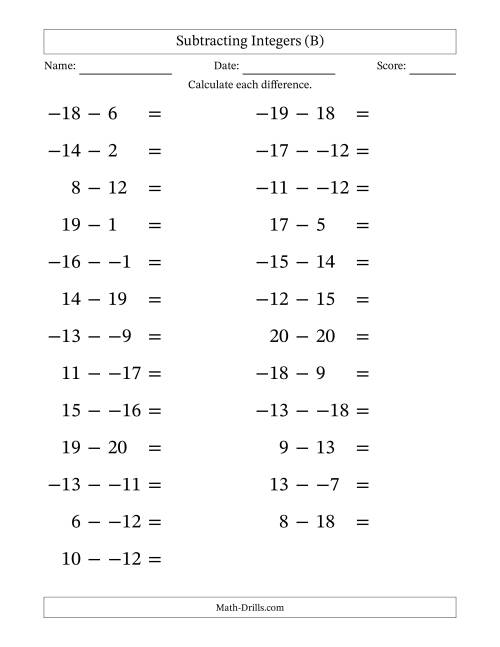 The Subtracting Mixed Integers from -20 to 20 (25 Questions; Large Print; No Parentheses) (B) Math Worksheet
