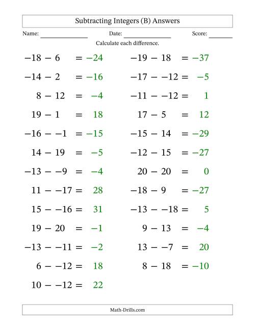 The Subtracting Mixed Integers from -20 to 20 (25 Questions; Large Print; No Parentheses) (B) Math Worksheet Page 2