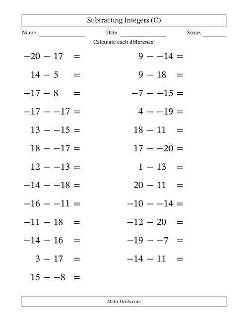 The Subtracting Mixed Integers from -20 to 20 (25 Questions; Large Print; No Parentheses) (C) Math Worksheet