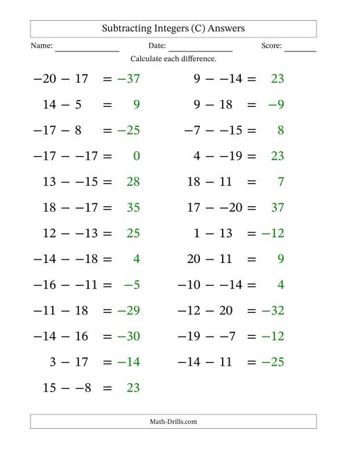 The Subtracting Mixed Integers from -20 to 20 (25 Questions; Large Print; No Parentheses) (C) Math Worksheet Page 2