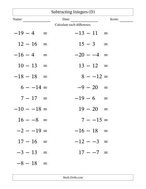 The Subtracting Mixed Integers from -20 to 20 (25 Questions; Large Print; No Parentheses) (D) Math Worksheet