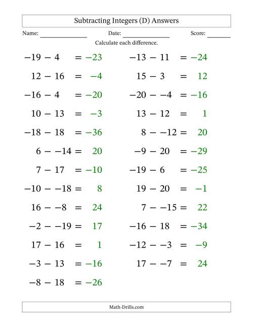 The Subtracting Mixed Integers from -20 to 20 (25 Questions; Large Print; No Parentheses) (D) Math Worksheet Page 2