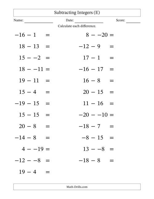 The Subtracting Mixed Integers from -20 to 20 (25 Questions; Large Print; No Parentheses) (E) Math Worksheet