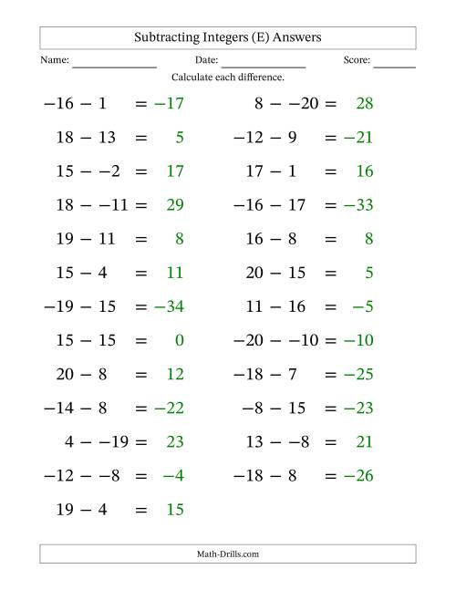 The Subtracting Mixed Integers from -20 to 20 (25 Questions; Large Print; No Parentheses) (E) Math Worksheet Page 2
