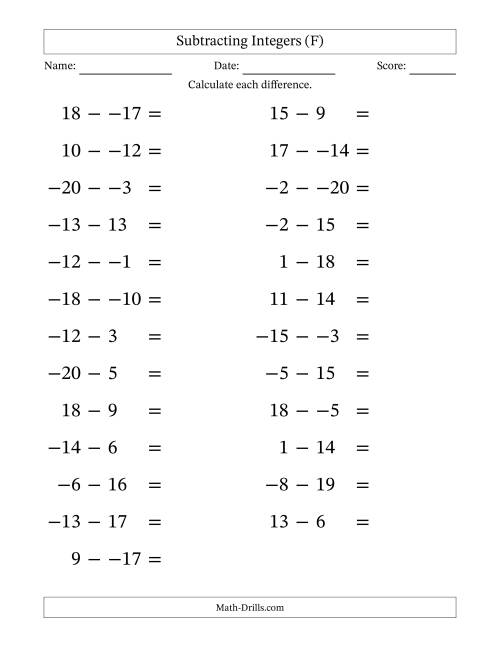 The Subtracting Mixed Integers from -20 to 20 (25 Questions; Large Print; No Parentheses) (F) Math Worksheet