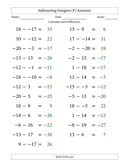 The Subtracting Mixed Integers from -20 to 20 (25 Questions; Large Print; No Parentheses) (F) Math Worksheet Page 2