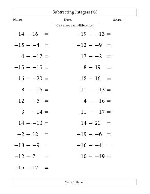 The Subtracting Mixed Integers from -20 to 20 (25 Questions; Large Print; No Parentheses) (G) Math Worksheet
