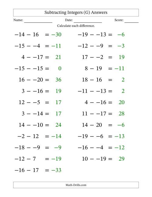 The Subtracting Mixed Integers from -20 to 20 (25 Questions; Large Print; No Parentheses) (G) Math Worksheet Page 2