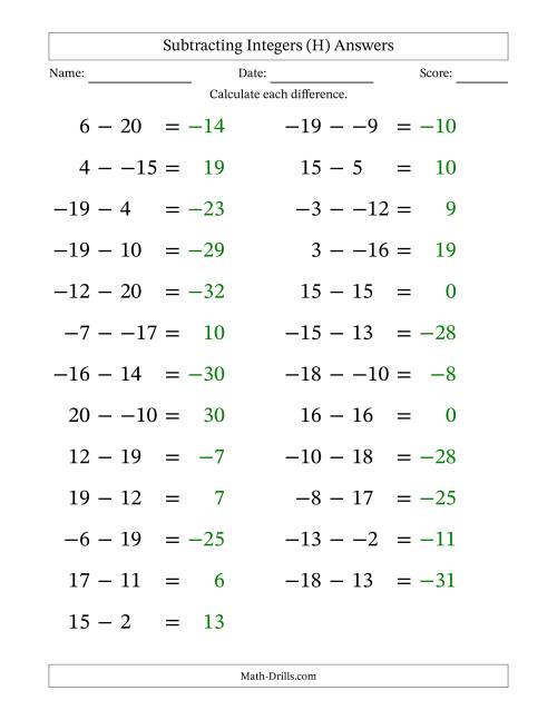 The Subtracting Mixed Integers from -20 to 20 (25 Questions; Large Print; No Parentheses) (H) Math Worksheet Page 2