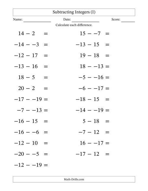 The Subtracting Mixed Integers from -20 to 20 (25 Questions; Large Print; No Parentheses) (I) Math Worksheet