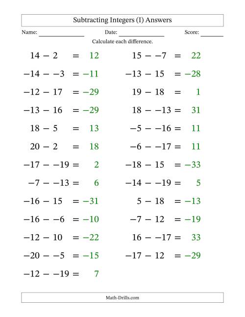 The Subtracting Mixed Integers from -20 to 20 (25 Questions; Large Print; No Parentheses) (I) Math Worksheet Page 2