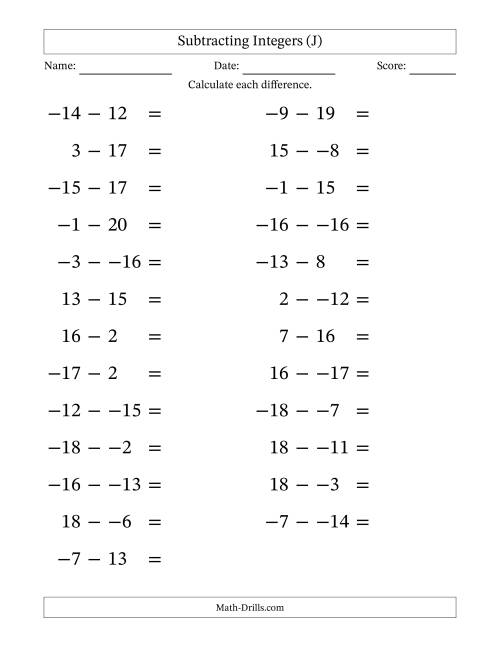The Subtracting Mixed Integers from -20 to 20 (25 Questions; Large Print; No Parentheses) (J) Math Worksheet