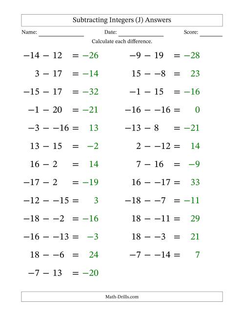 The Subtracting Mixed Integers from -20 to 20 (25 Questions; Large Print; No Parentheses) (J) Math Worksheet Page 2
