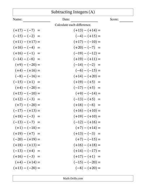 The Subtracting Mixed Integers from -20 to 20 (50 Questions; All Parentheses) (A) Math Worksheet