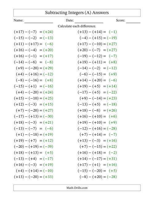 The Subtracting Mixed Integers from -20 to 20 (50 Questions; All Parentheses) (A) Math Worksheet Page 2