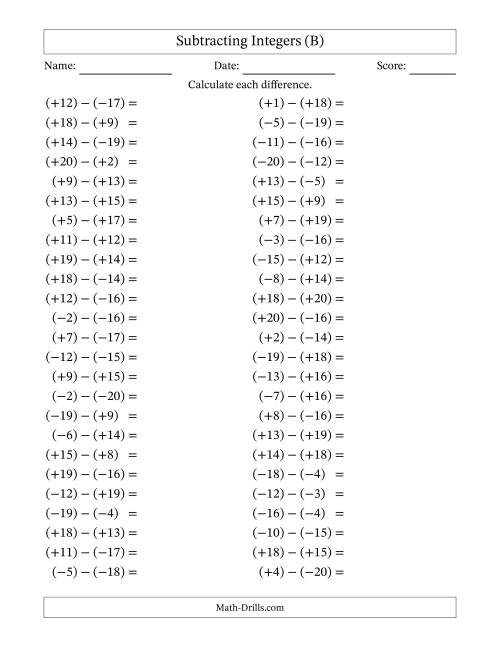 The Subtracting Mixed Integers from -20 to 20 (50 Questions; All Parentheses) (B) Math Worksheet