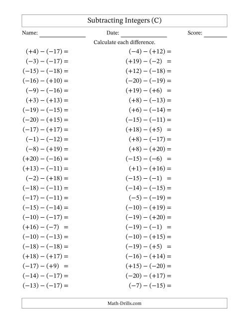 The Subtracting Mixed Integers from -20 to 20 (50 Questions; All Parentheses) (C) Math Worksheet