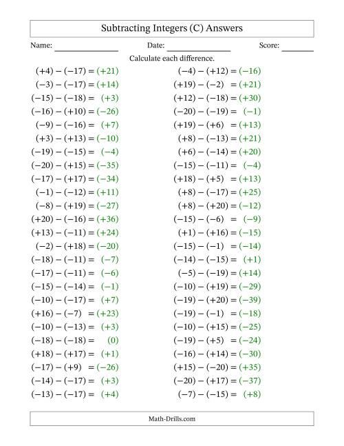 The Subtracting Mixed Integers from -20 to 20 (50 Questions; All Parentheses) (C) Math Worksheet Page 2