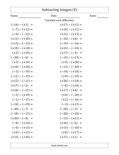 The Subtracting Mixed Integers from -20 to 20 (50 Questions; All Parentheses) (E) Math Worksheet