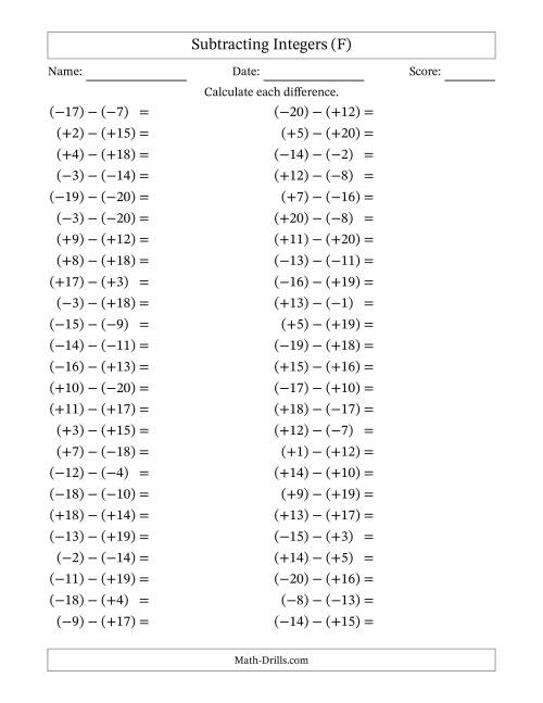 The Subtracting Mixed Integers from -20 to 20 (50 Questions; All Parentheses) (F) Math Worksheet