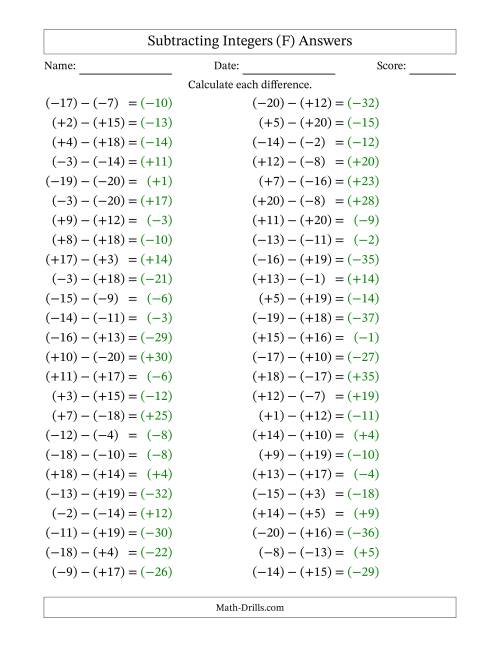 The Subtracting Mixed Integers from -20 to 20 (50 Questions; All Parentheses) (F) Math Worksheet Page 2