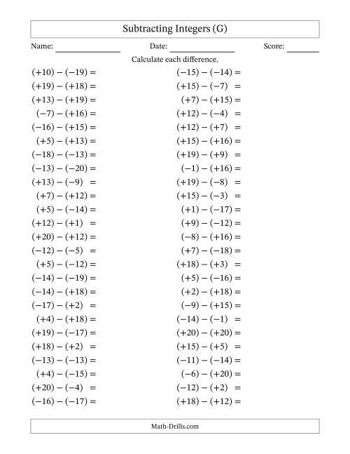 The Subtracting Mixed Integers from -20 to 20 (50 Questions; All Parentheses) (G) Math Worksheet