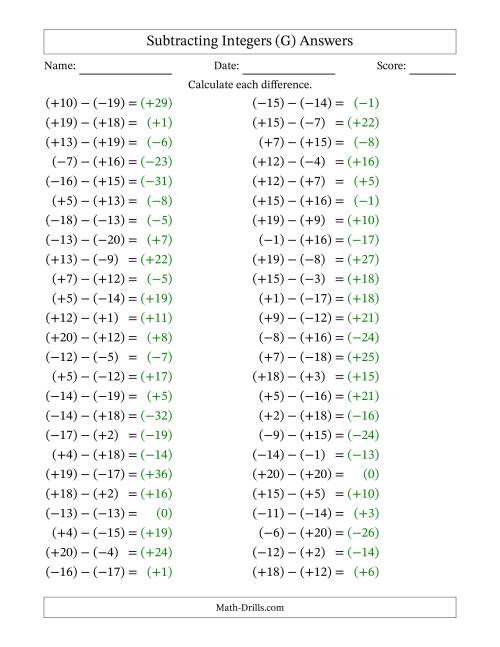 The Subtracting Mixed Integers from -20 to 20 (50 Questions; All Parentheses) (G) Math Worksheet Page 2