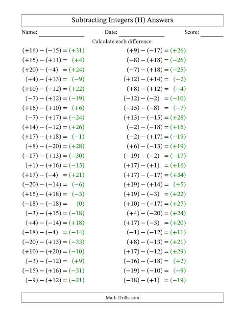 The Subtracting Mixed Integers from -20 to 20 (50 Questions; All Parentheses) (H) Math Worksheet Page 2