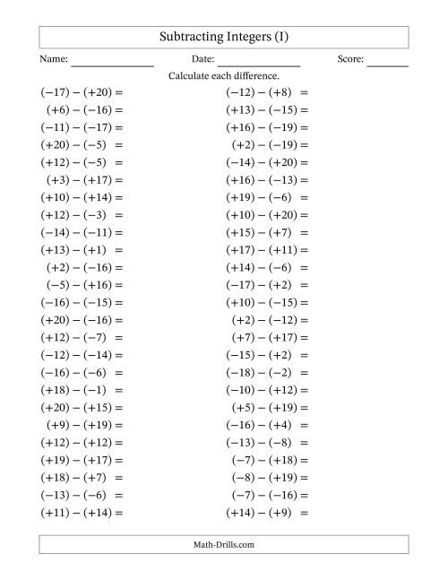 The Subtracting Mixed Integers from -20 to 20 (50 Questions; All Parentheses) (I) Math Worksheet